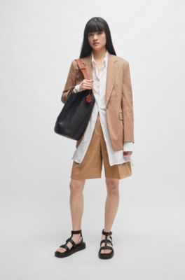 스트레치 리넨 블렌드 릴랙스 핏 쇼츠, 브라운