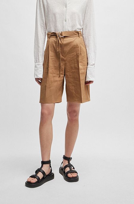 Shorts relaxed fit in misto lino elasticizzato, Marrone
