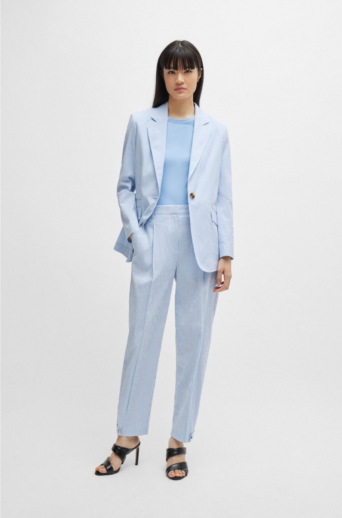 Relaxed-fit jacket in striped stretch-cotton seersucker, Light Blue