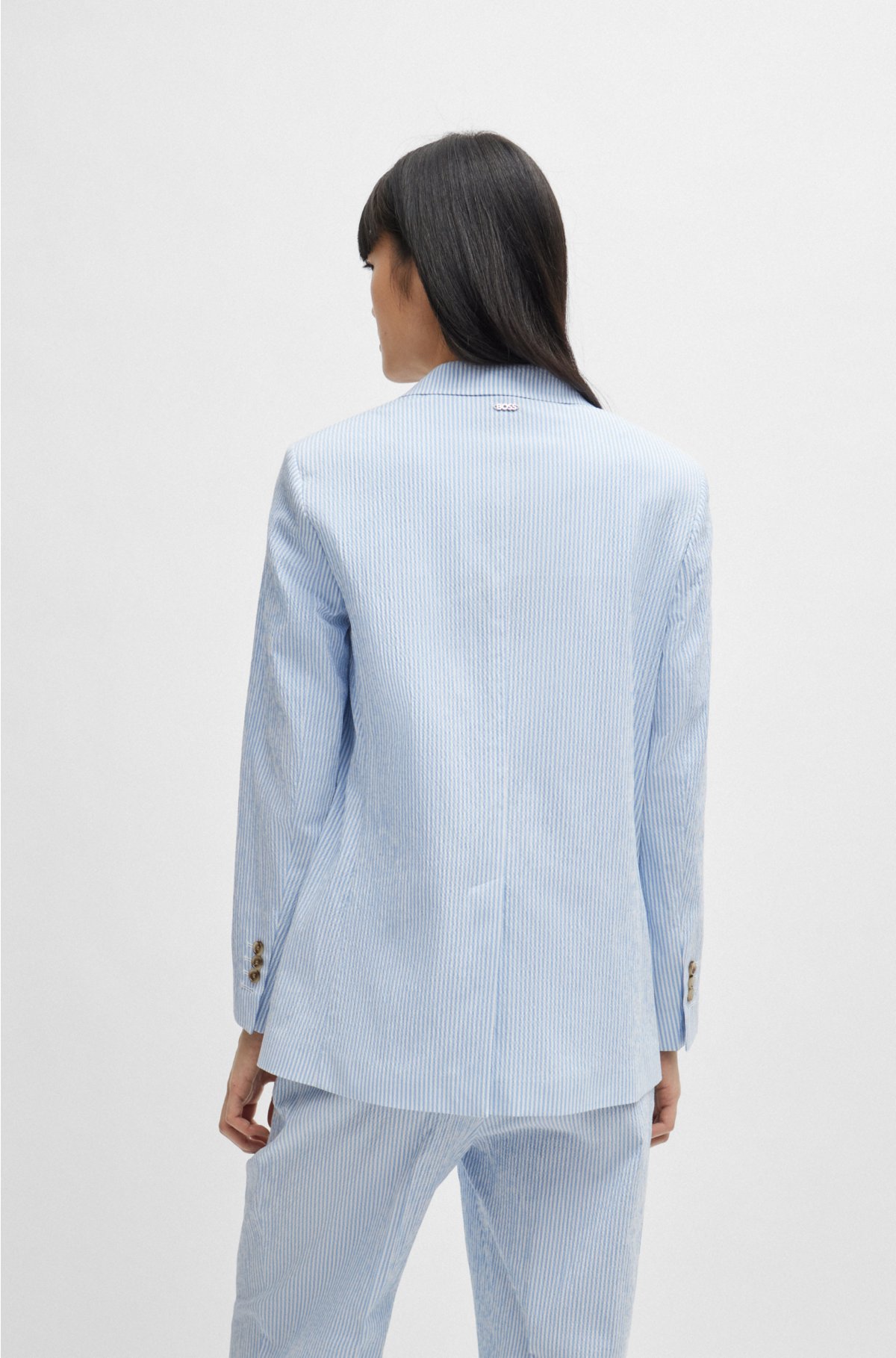 Relaxed-fit jacket in striped stretch-cotton seersucker, Light Blue