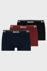 Three-pack of stretch-cotton trunks with logo waistbands, Red / Blue / Black