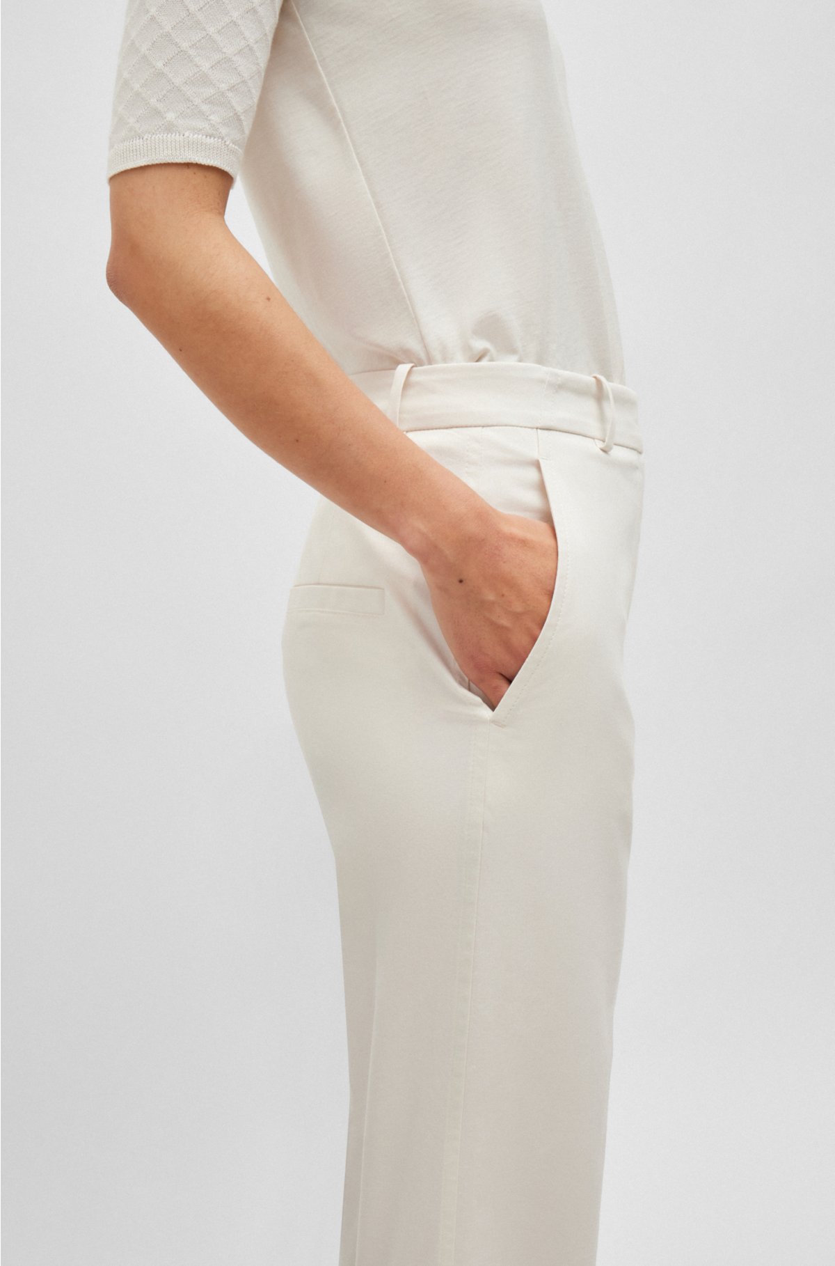 Regular-fit trousers in cotton, silk and stretch, White