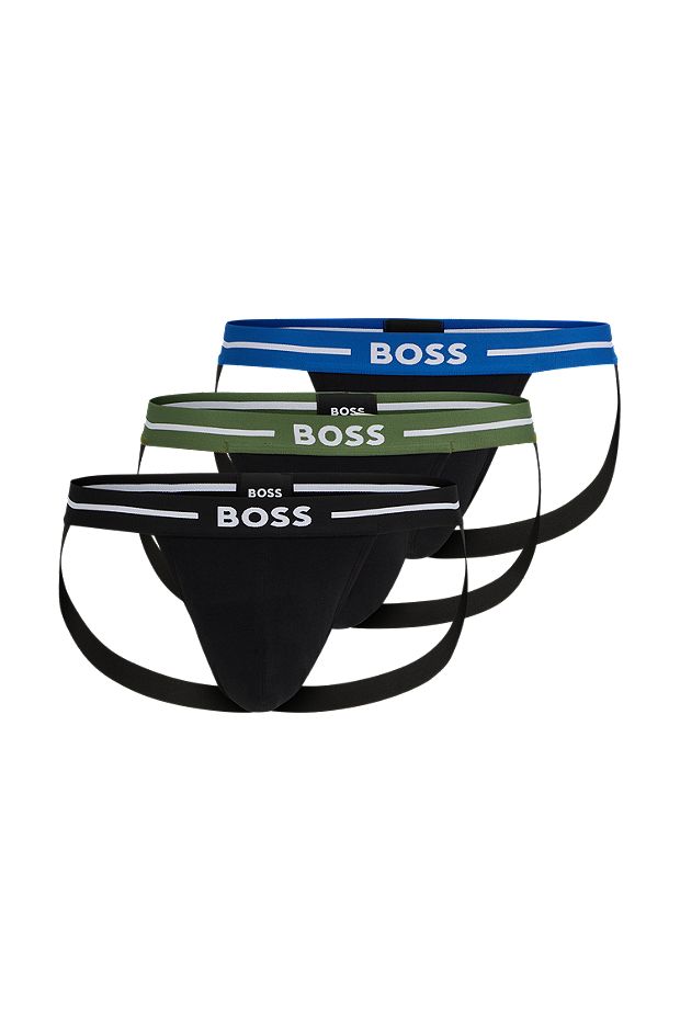 Three-pack of stretch-cotton jock straps with logo waistbands, Black