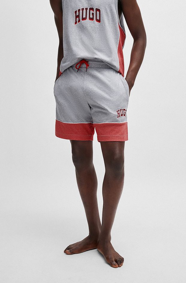 Stretch-cotton pyjama shorts with mesh trims, Grey