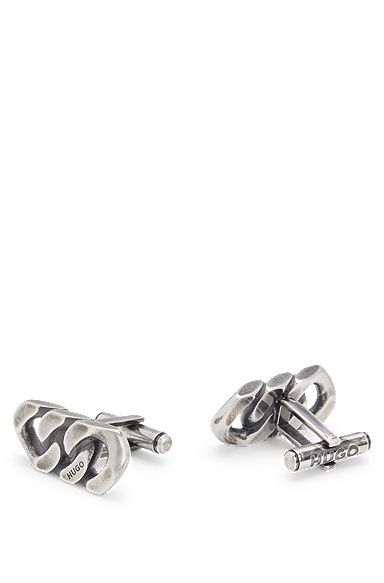 Chain-link cufflinks in steel with logo details, Silver