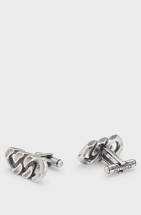 Chain-link cufflinks in steel with logo details, Silver