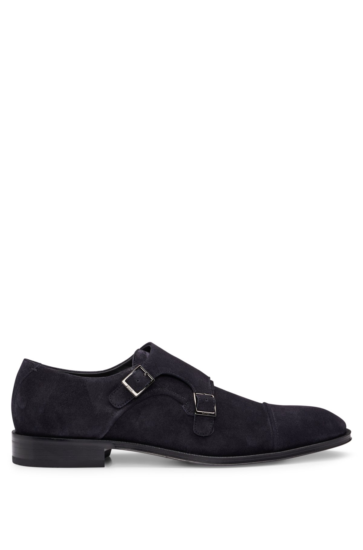 Suede shoes with double-monk strap and cap toe, Dark Blue