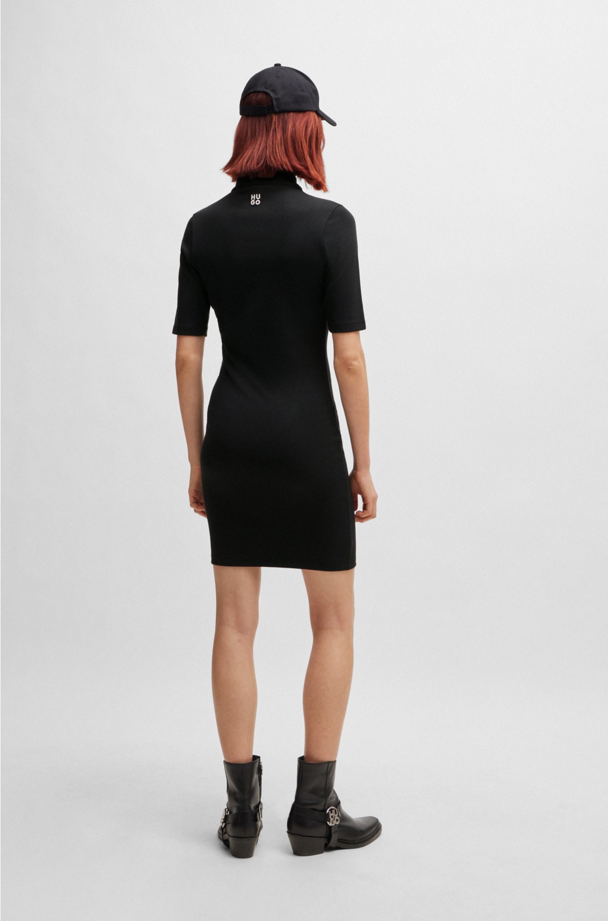 Zip-neck dress in stretch jersey with stacked logo, Black