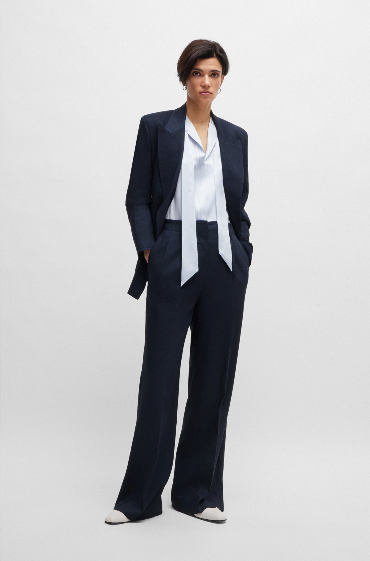Relaxed-fit blazer in stretch wool and linen, Dark Blue