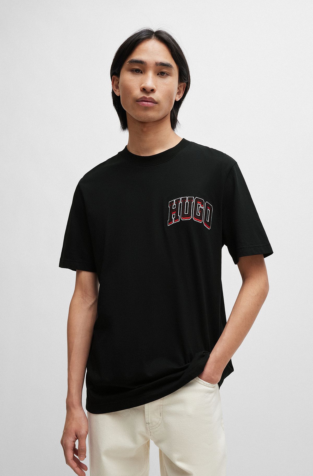Cotton-jersey regular-fit T-shirt with sporty logo, Black