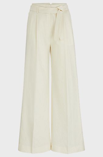 Wide-leg trousers in wool, linen and stretch, Natural