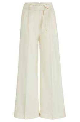 Hugo Boss Wide-leg Trousers In Wool, Linen And Stretch In Neutral