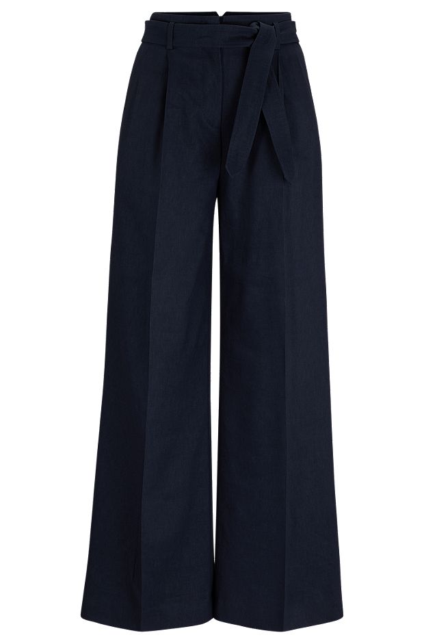 Wide-leg trousers in wool, linen and stretch, Dark Blue