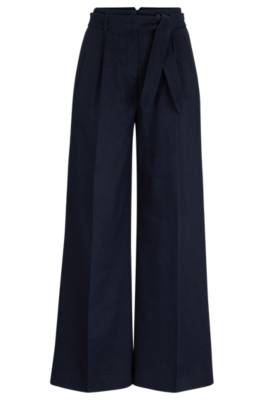 Hugo Boss Wide-leg Trousers In Wool, Linen And Stretch In Blue