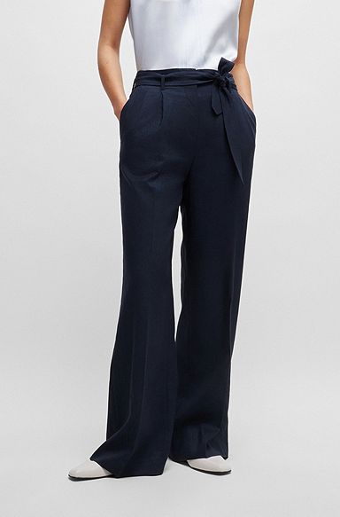 Wide-leg trousers in wool, linen and stretch, Dark Blue