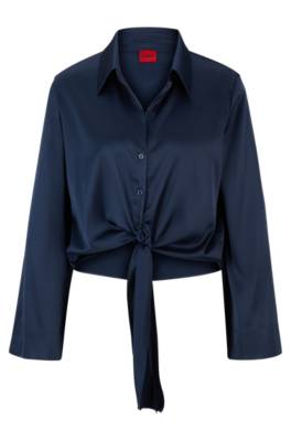 Hugo Relaxed-fit Blouse In Stretch Satin With Knot Detail In Blue