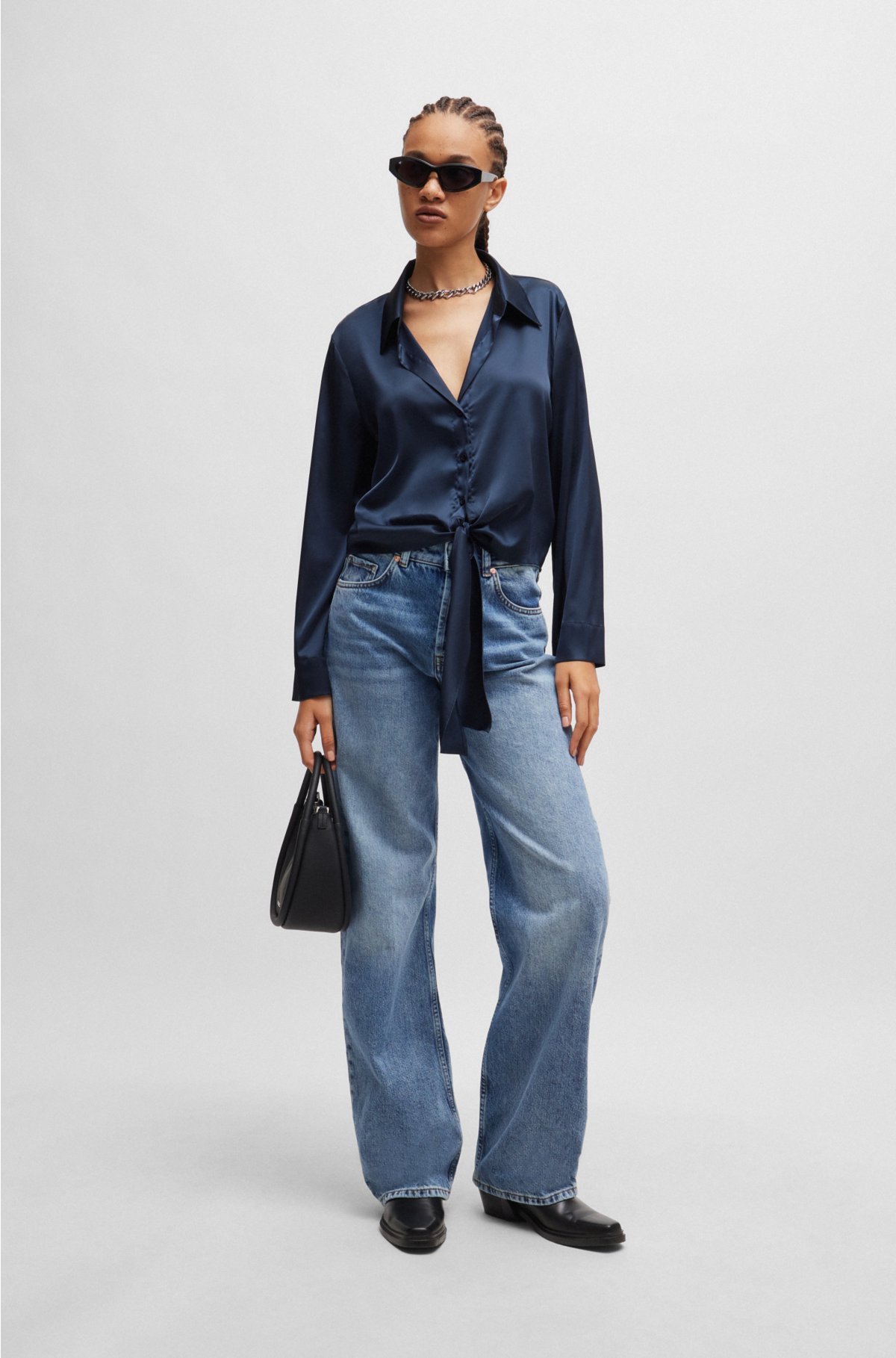 Relaxed-fit blouse in stretch satin with knot detail, Dark Blue