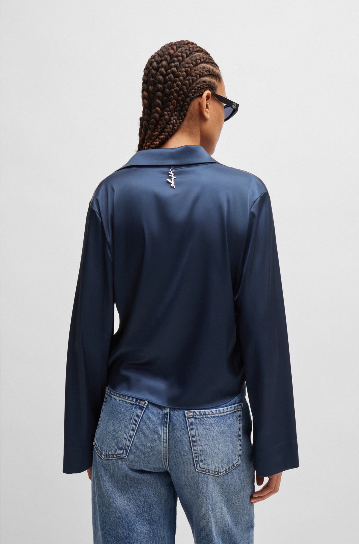 Relaxed-fit blouse in stretch satin with knot detail, Dark Blue