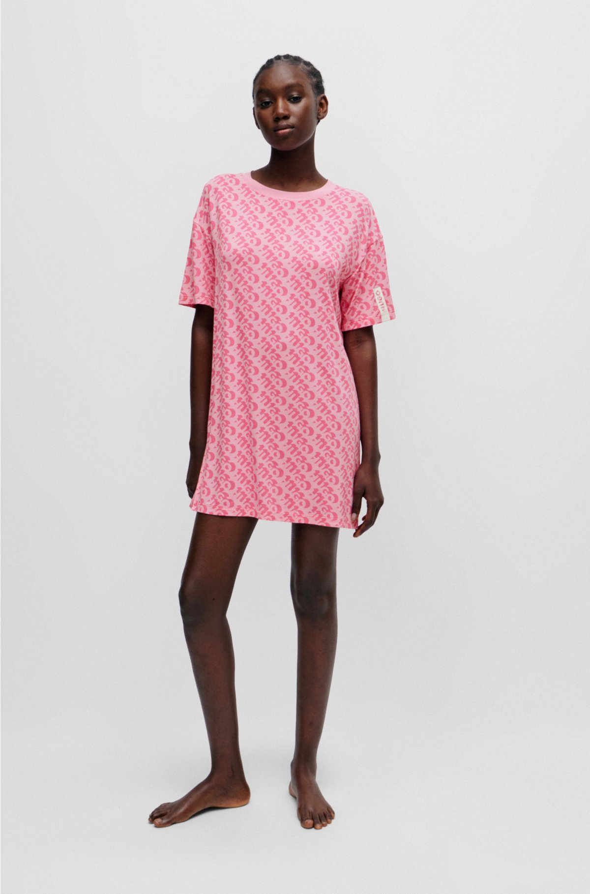 Relaxed-fit nightdress with all-over logo print, Pink Patterned