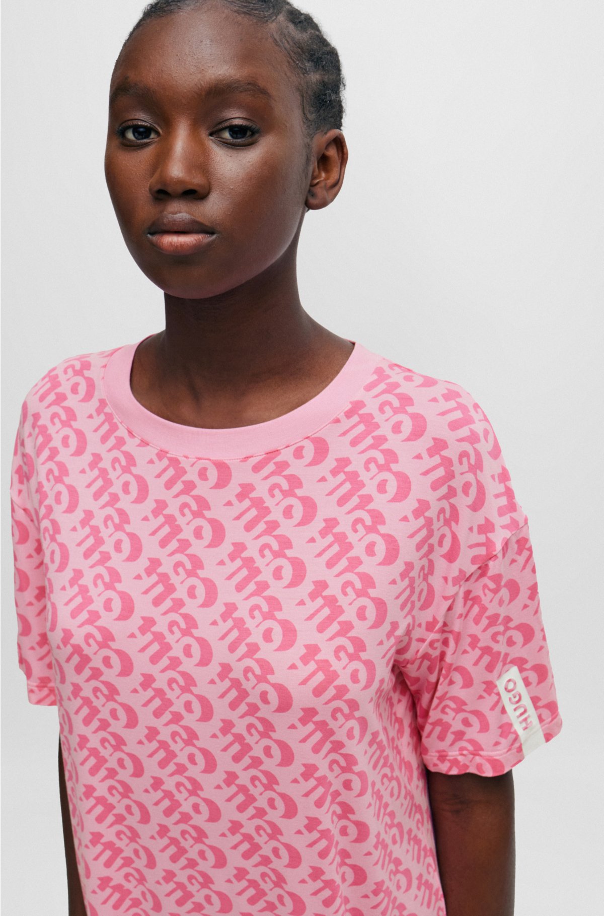 Relaxed-fit nightdress with all-over logo print, Pink Patterned