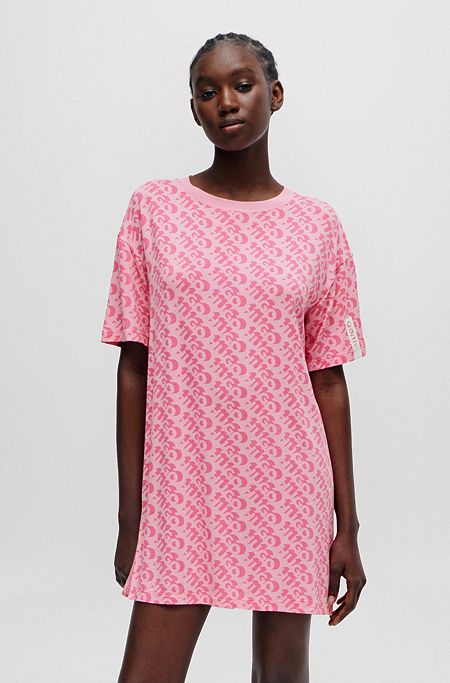 Ночная рубашка свободного кроя с принтом логотипов по всей поверхности, Розовый с узором