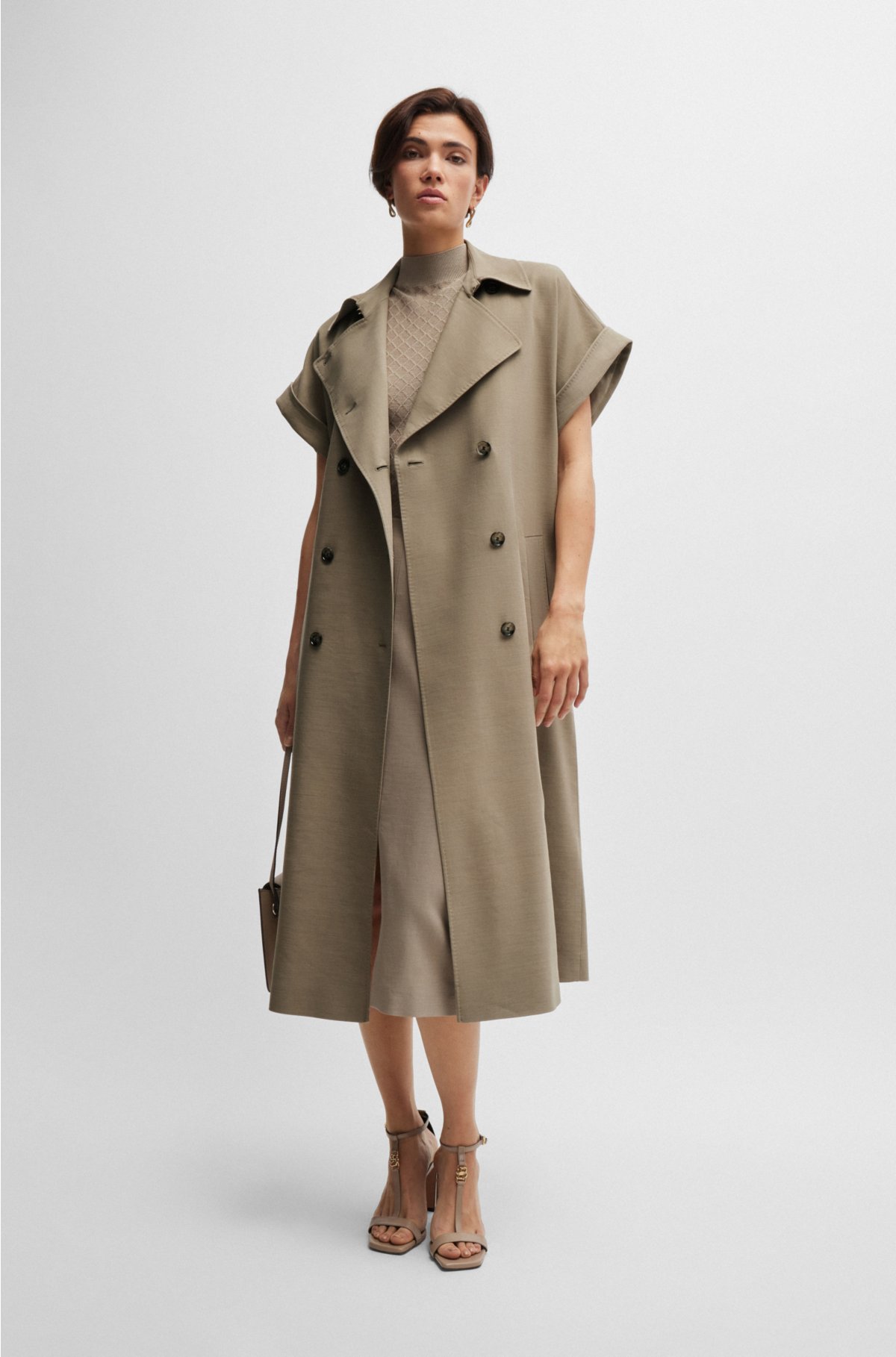 Belted short-sleeved coat in stretch fabric, Khaki