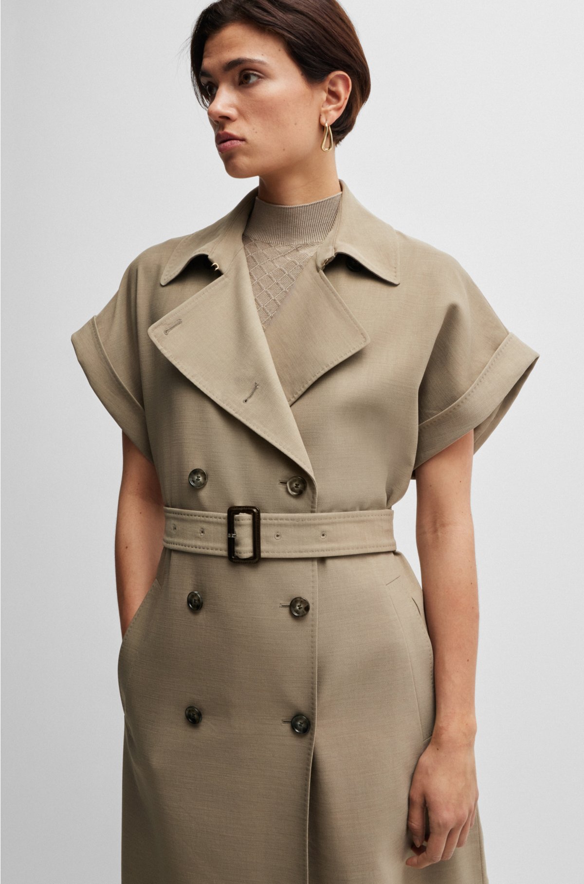Belted short-sleeved coat in stretch fabric, Khaki