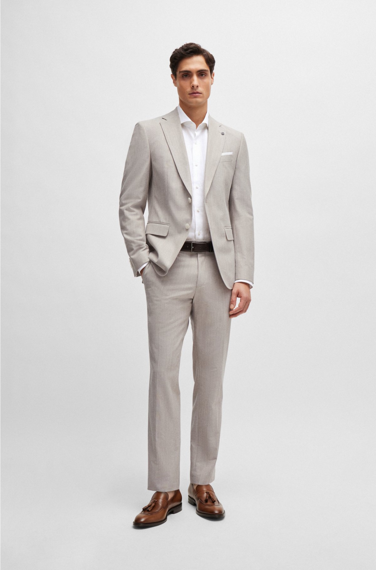 Slim-fit trousers in a micro-patterned cotton blend, Beige