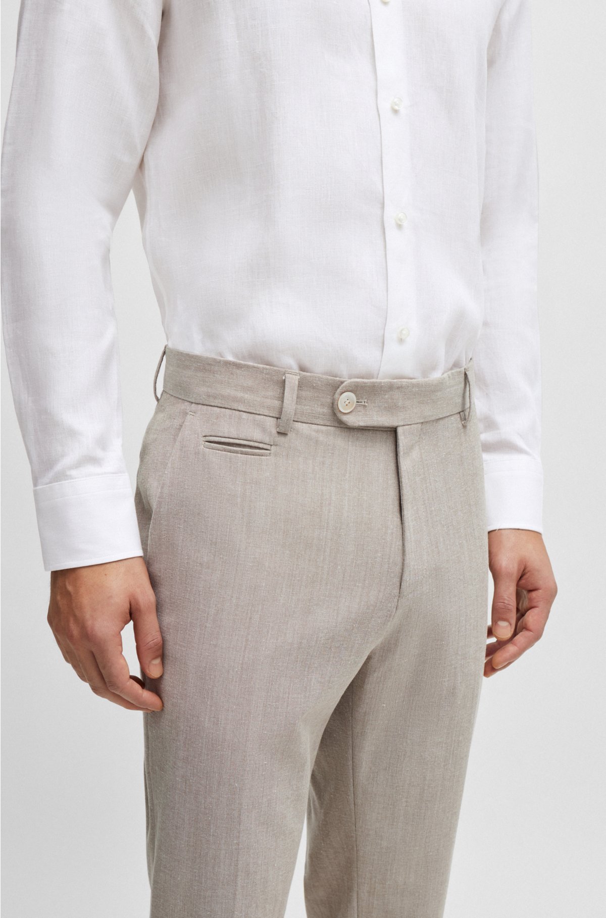Slim-fit trousers in a micro-patterned cotton blend, Beige