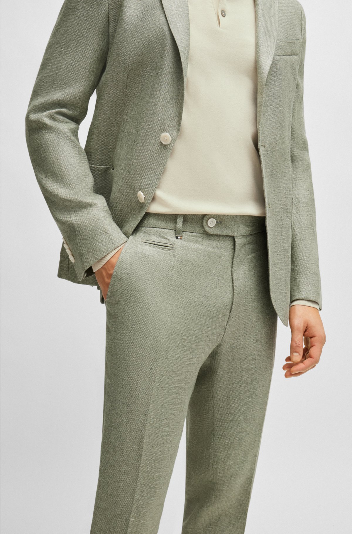 Slim-fit trousers in a micro-patterned linen blend, Light Green