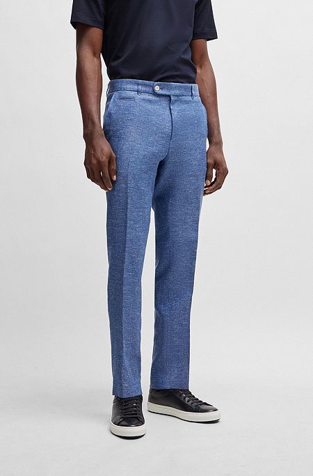 Pantalones slim fit de mezcla de lino con microestampado, Azul