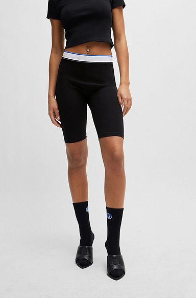 Biker-Shorts aus elastischem Baumwoll-Jersey mit Logo-Bund, Schwarz