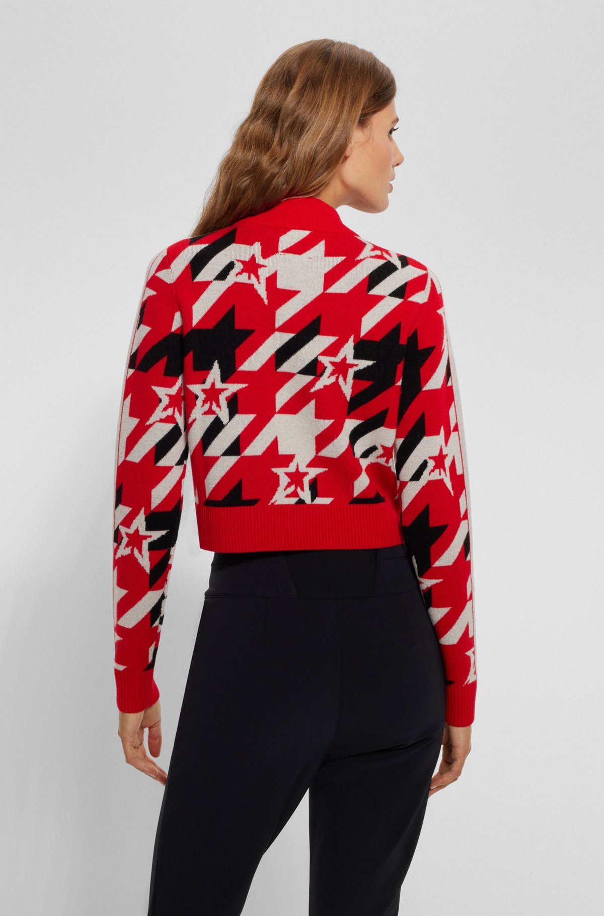 BOSS x Perfect Moment virgin-wool sweater with houndstooth motif, Red Patterned