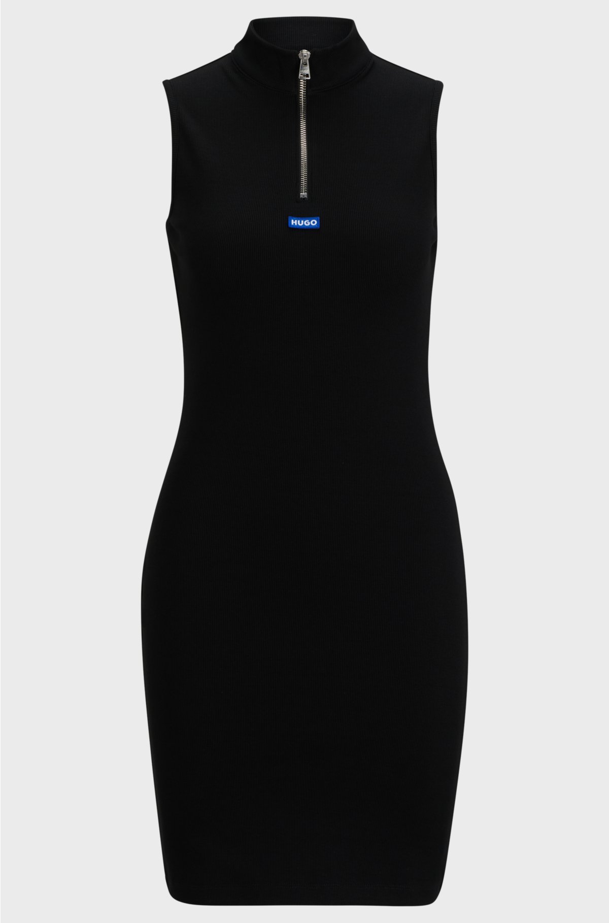 Slim-fit dress in stretch cotton with zip neckline, Black