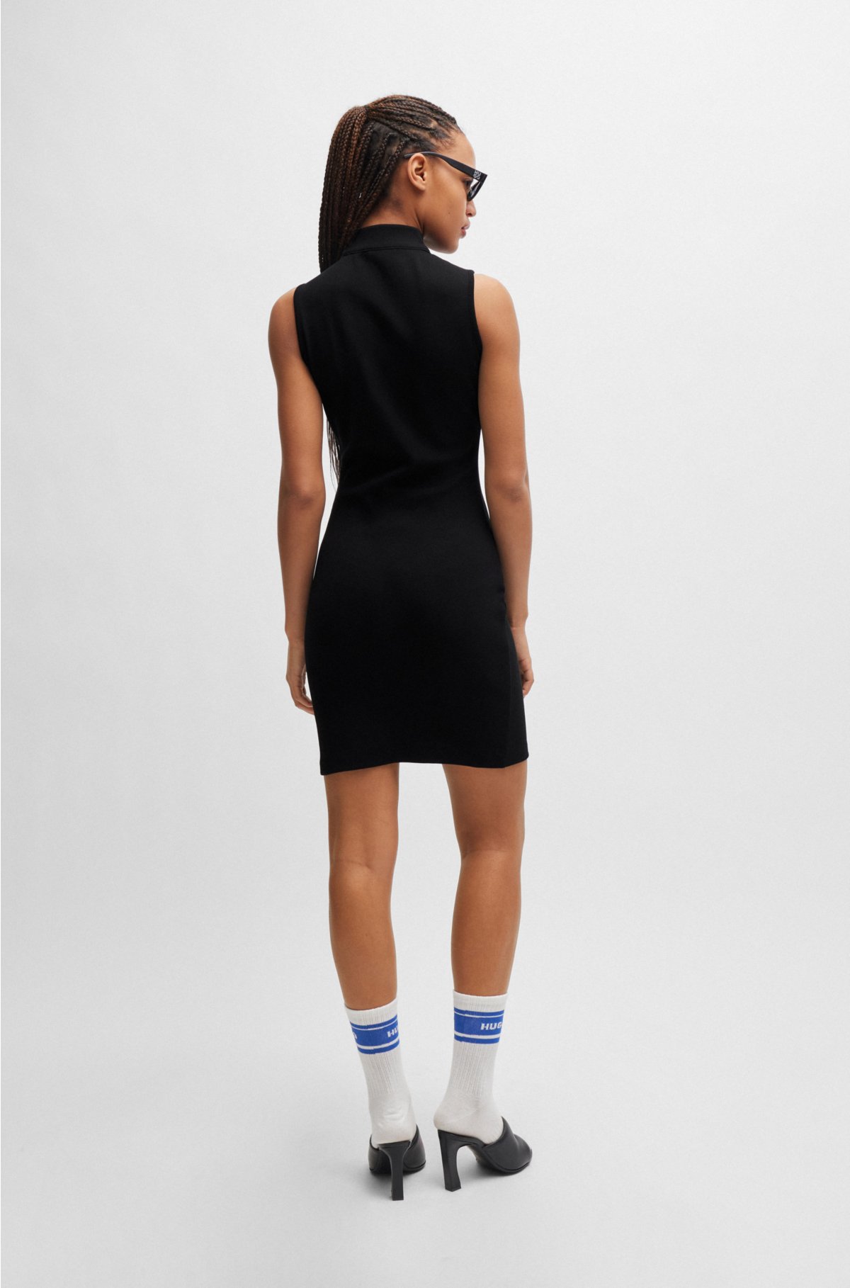 Slim-fit dress in stretch cotton with zip neckline, Black