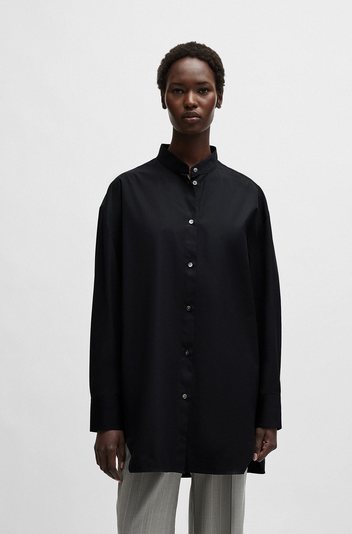 Naomi x BOSS longline cotton blouse with crinkle-free effect, Black