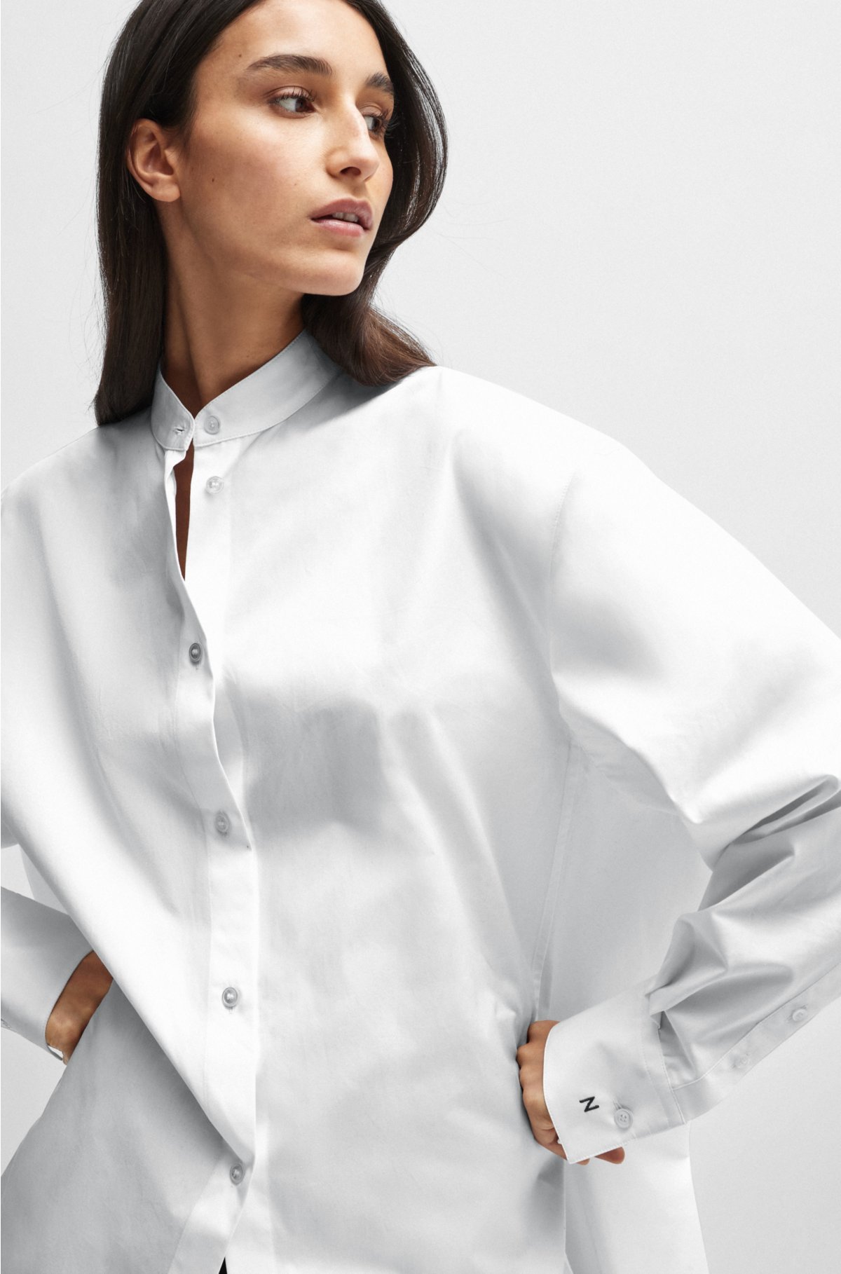 Naomi x BOSS longline cotton blouse with crinkle-free effect, White
