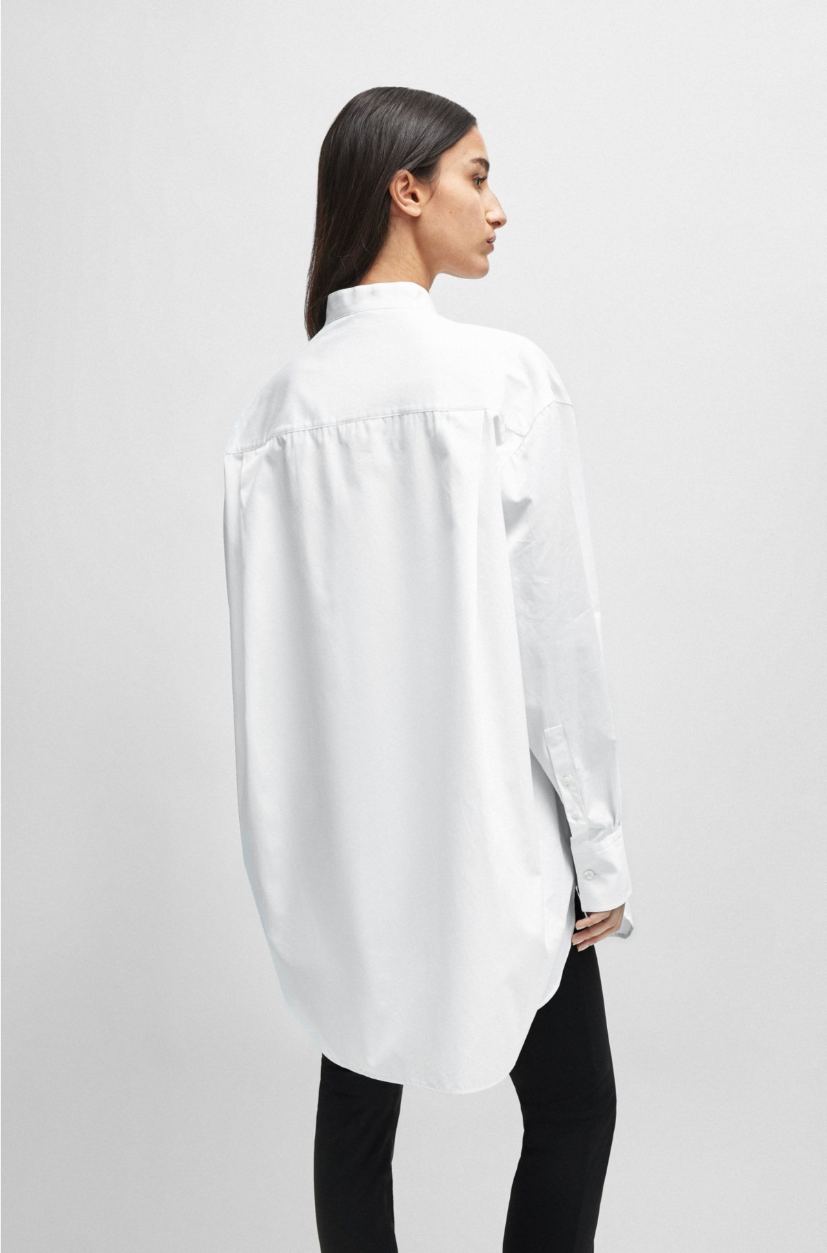 Naomi x BOSS longline cotton blouse with crinkle-free effect, White