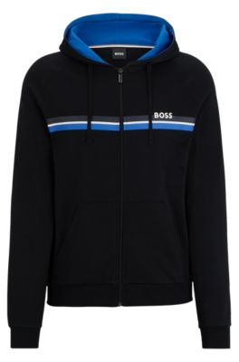 BOSS Cottonterry zipup hoodie with stripes and logo