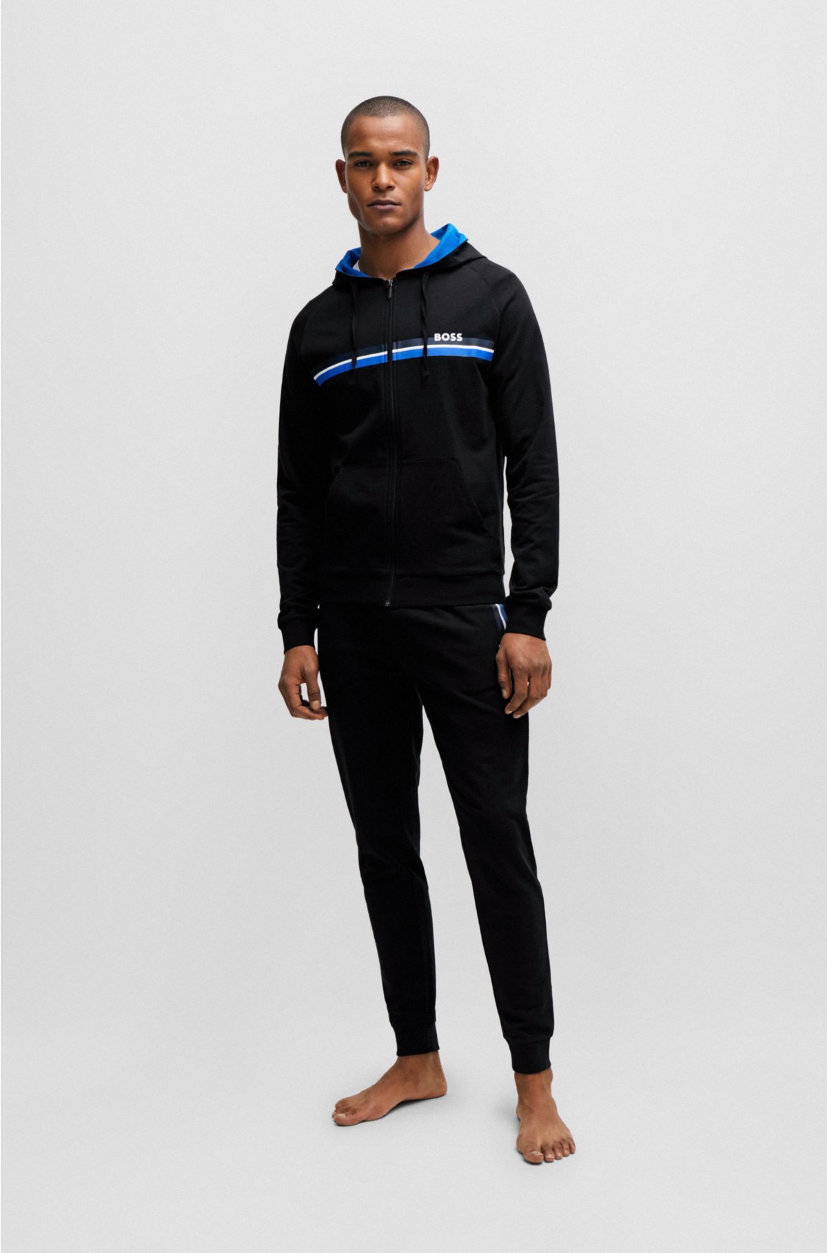 Cotton-terry zip-up hoodie with stripes and logo, Black