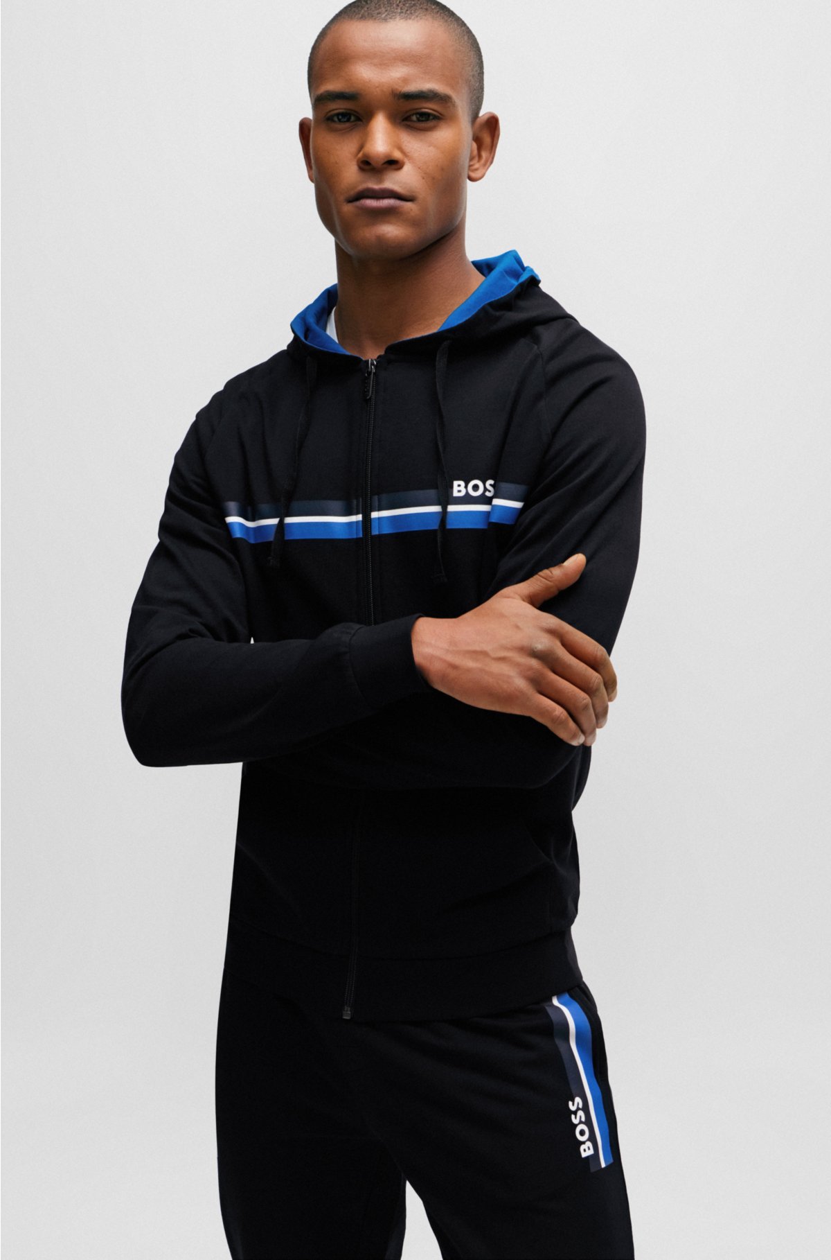 Cotton-terry zip-up hoodie with stripes and logo, Black