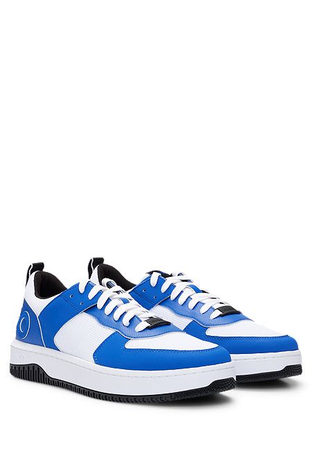 Mixed-material lace-up trainers with branded backtab, Blue