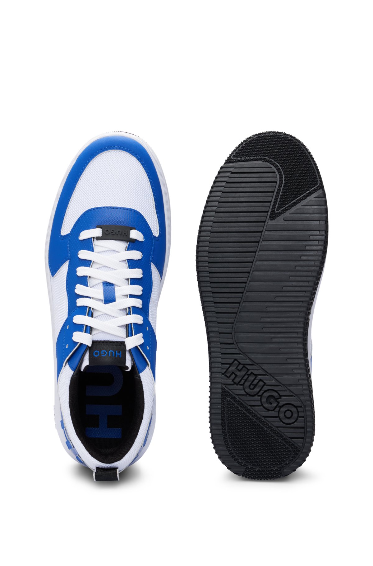 Mixed-material lace-up trainers with branded backtab, Blue