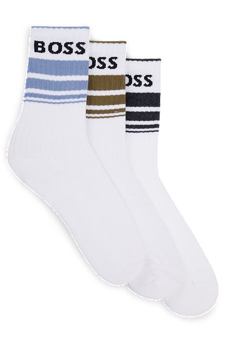 Three-pack of short socks with stripes and logos, White