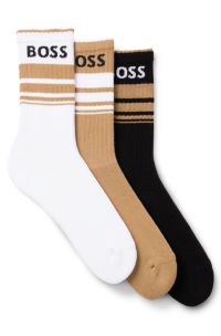 Three-pack of short socks with stripes and logos, Black  /  White  /  Beige