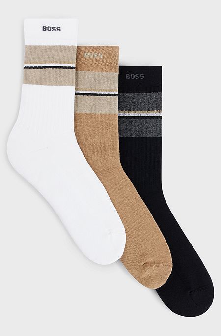 Three-pack of socks with stripes and branding, Black  /  White  /  Beige