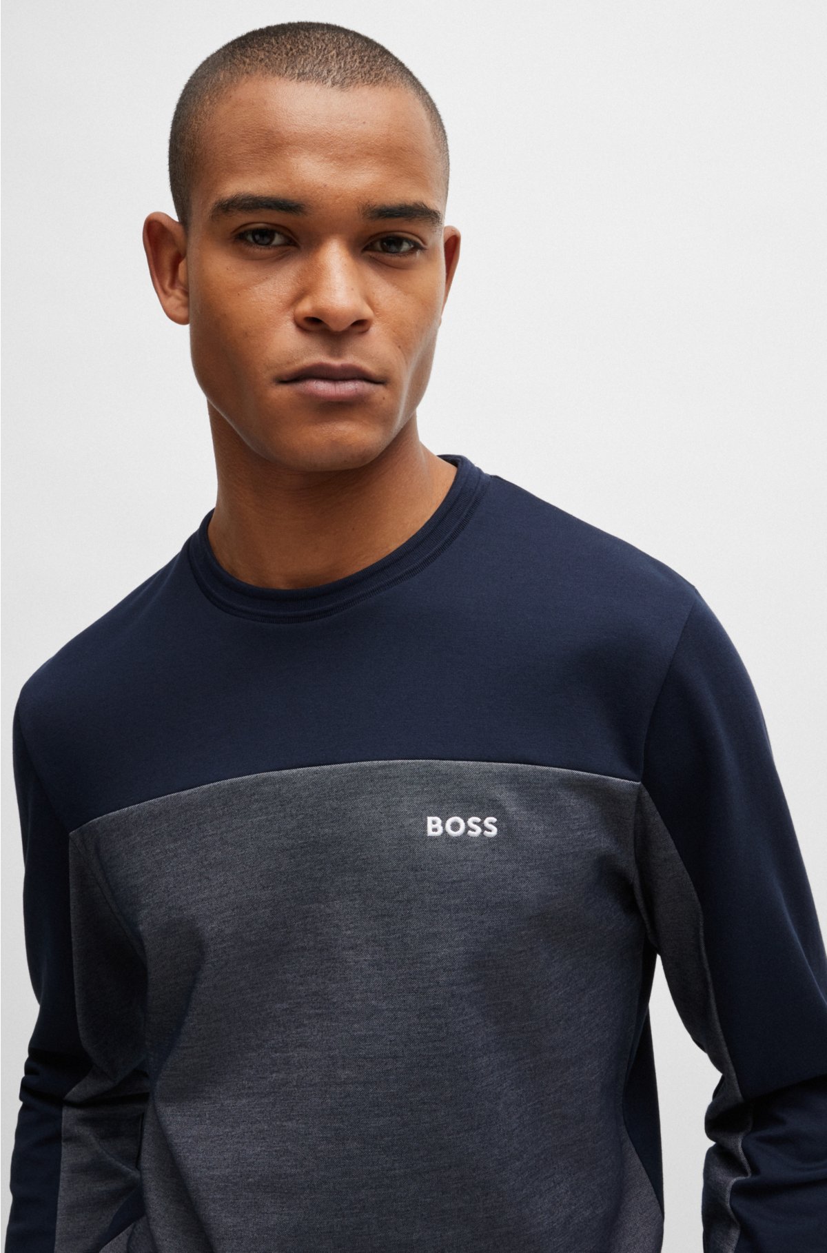 Cotton-blend sweatshirt with embroidered logo, Dark Blue