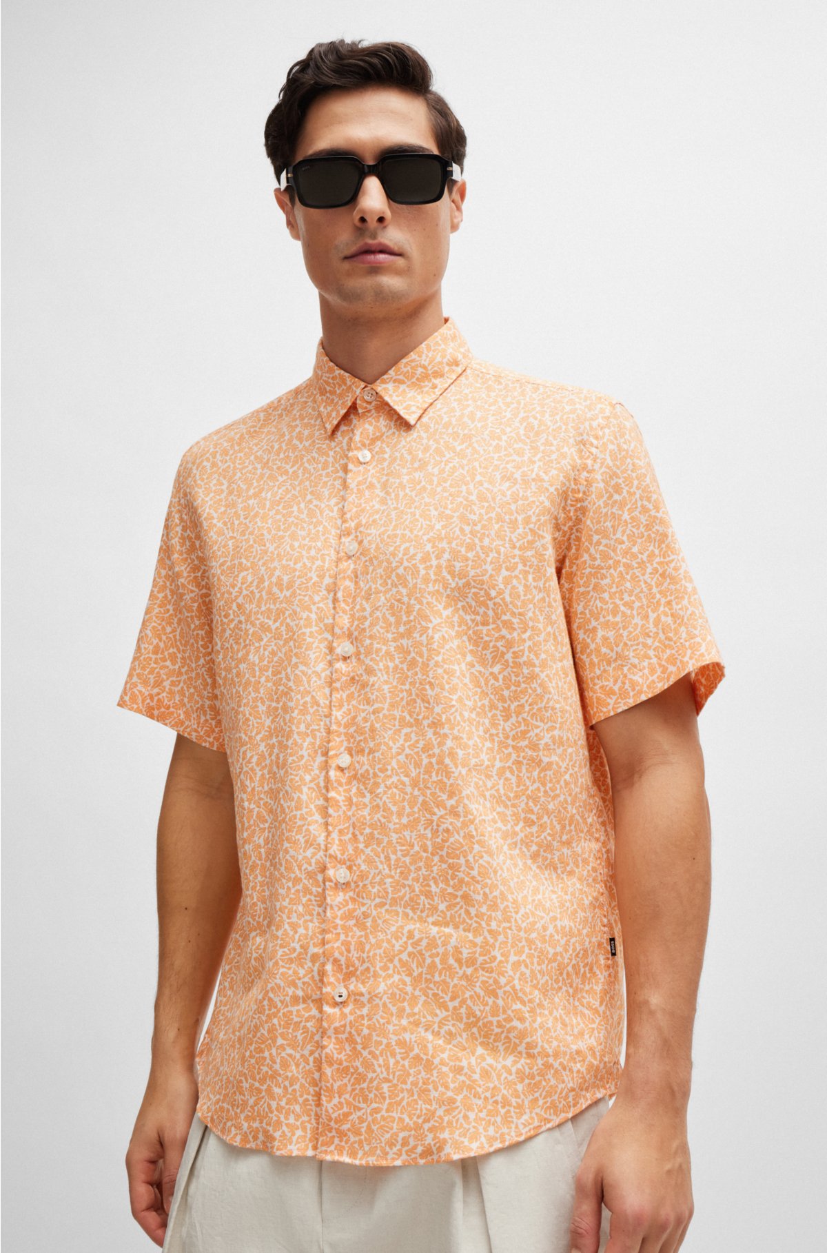 Regular-fit shirt in printed stretch linen, Orange