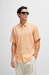 Regular-fit overhemd van stretchlinnen met print, Oranje