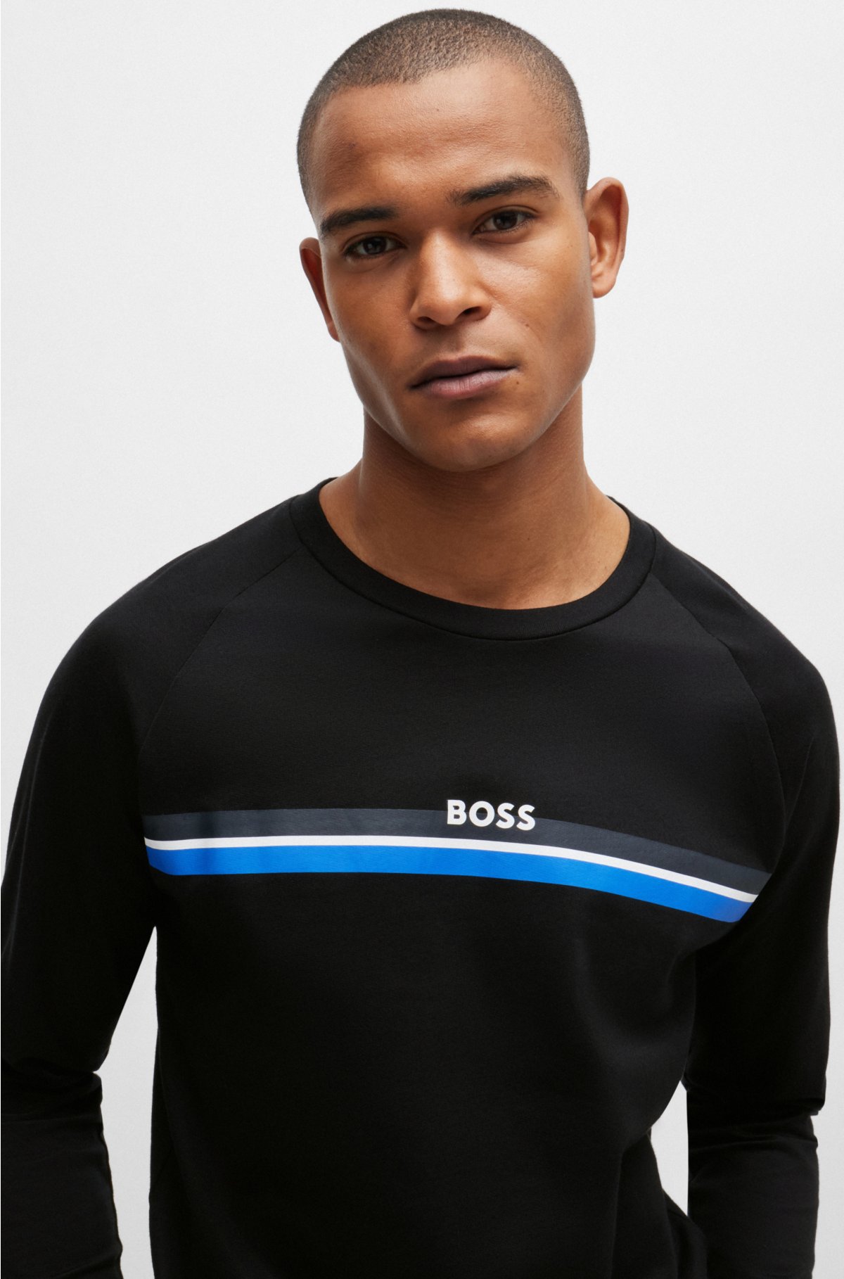 Cotton-terry sweatshirt with stripes and logo, Black